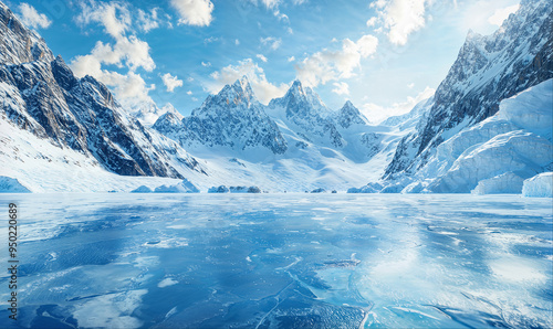 Fototapeta Naklejka Na Ścianę i Meble -  Empty ice surface, frozen mountain lake, winter mountains landscape with copy space