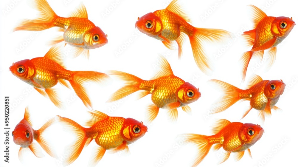 A group of goldfish swimming in different directions, their bright orange bodies standing out vividly against a white background, representing movement and freedom.