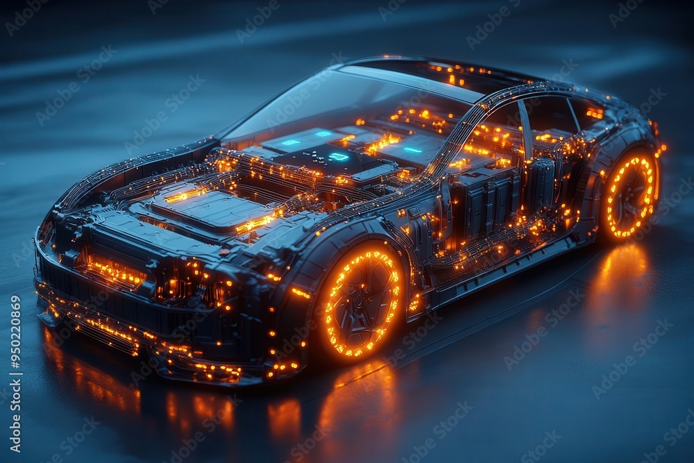 cutaway view of an electric cars lithium battery pack with glowing ...