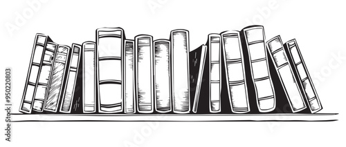  Hand-Drawn Bookshelf Sketch in Black and White with Vintage Engraved Style