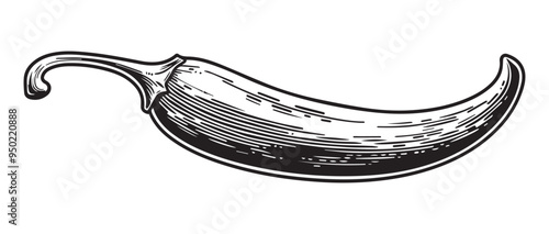  Hand-Drawn Chili Pepper Illustration in Black and White with Vintage Engraved Style