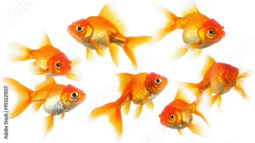 A group of goldfish swimming in different directions, their bright orange bodies standing out vividly against a white background, representing movement and freedom.