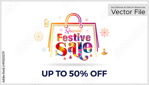 Logo design for Festive Sale, shopping, offer, deal discount. Decorative Bag and celebration background.