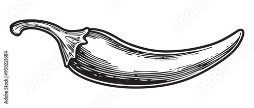  Hand-Drawn Chili Pepper Illustration in Black and White with Vintage Engraved Style