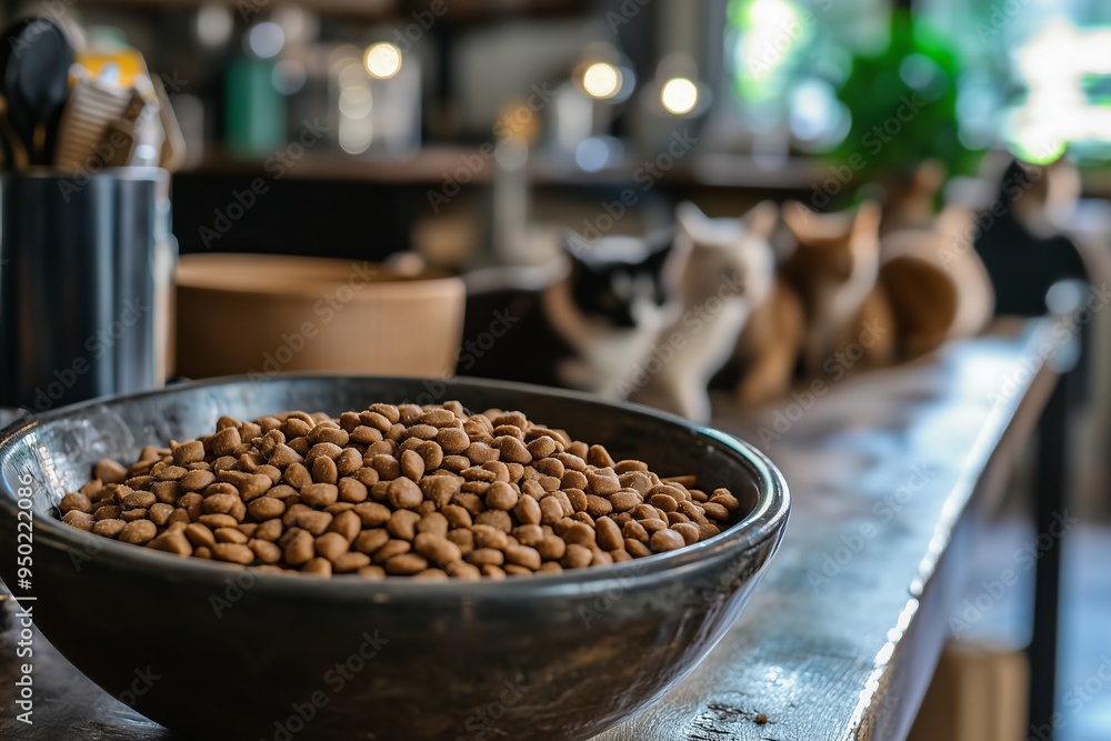 Cat food in a bowl placed in kitchen. Feeding setup for pets in a home environment. Cat food in a bowl placed in kitchen. Feeding setup for pets in a home environment.