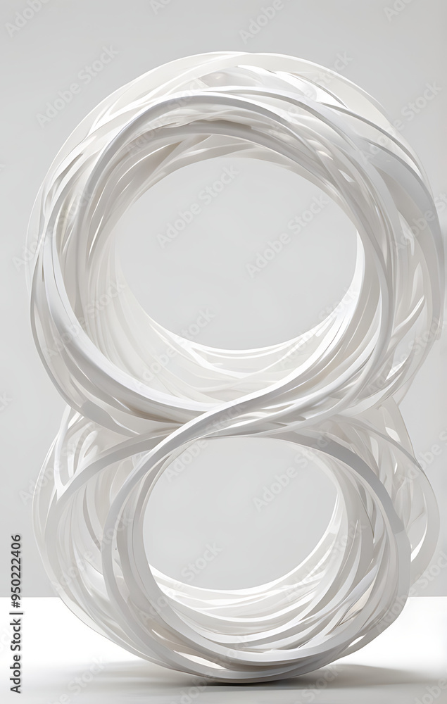 A 3D sculpture of a series of interlocking, abstract rings with varying textures and opacities, rendered in white against a plain white background, representing interconnectedness and the complexity o A 3D sculpture of a series of interlocking, abstract rings with varying textures and opacities, rendered in white against a plain white background, representing interconnectedness and the complexity o
