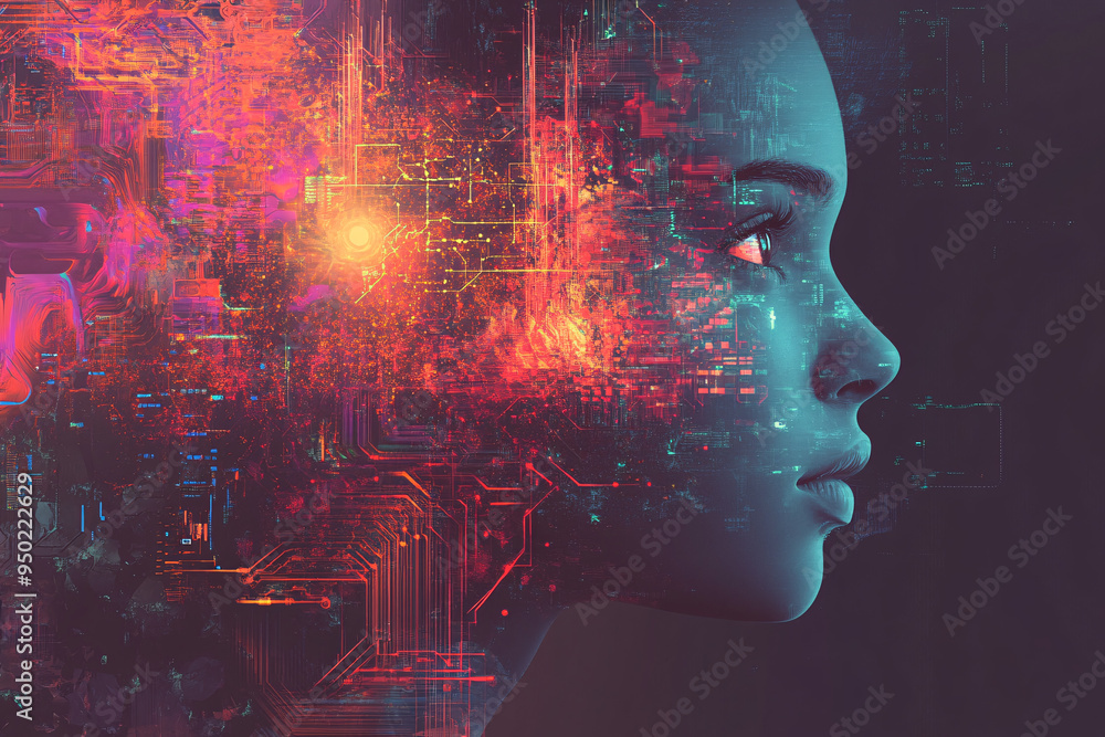 A captivating profile of a woman surrounded by colorful digital effects and glowing elements evoking a sense of wonder and creativity A captivating profile of a woman surrounded by colorful digital effects and glowing elements evoking a sense of wonder and creativity