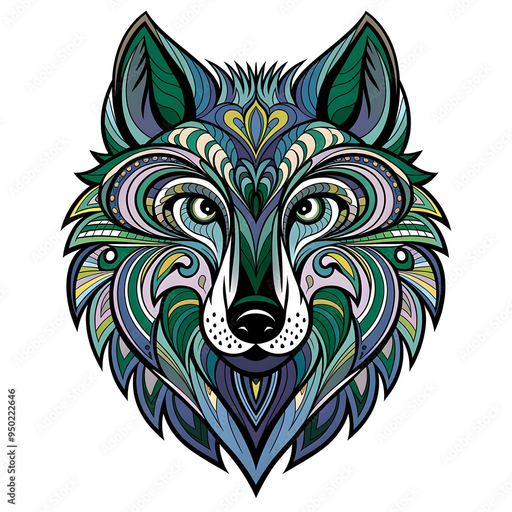 Obraz premium Create a highly detailed and colorful mandala-style wolf head with intricate patterns and symmetrical design.