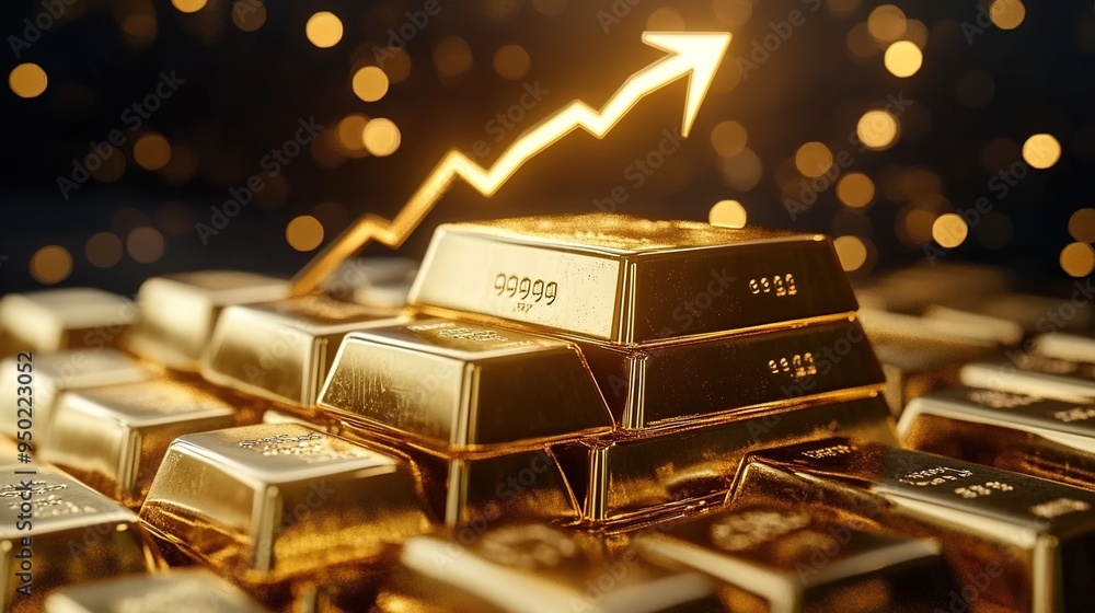 Gold bars with an upward-pointing arrow, indicating rising gold Gold bars with an upward-pointing arrow, indicating rising gold