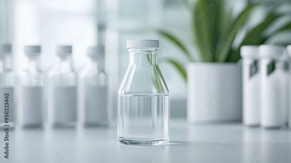 In a pristine lab setting, a glass container filled with a clear liquid is surrounded by white vials and green foliage, illustrating a controlled, scientific environment. In a pristine lab setting, a glass container filled with a clear liquid is surrounded by white vials and green foliage, illustrating a controlled, scientific environment.