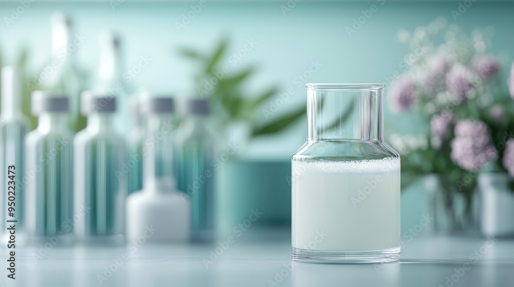 A glass container filled with a white liquid is centered against a background of various laboratory glassware, suggesting a scientific or pharmaceutical setting. A glass container filled with a white liquid is centered against a background of various laboratory glassware, suggesting a scientific or pharmaceutical setting.