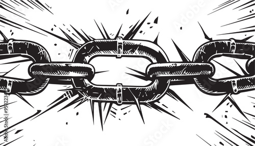 Breaking Chain Link Illustration in Vintage Engraved Style Symbolizing Strength and Liberation