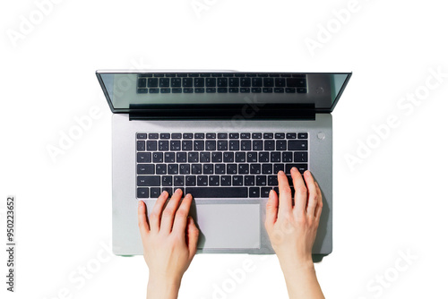 Isolated woman's hands working on laptop on transparent background. Office desktop. Concept of Working, communication, dating and online order on laptop. Flat lay