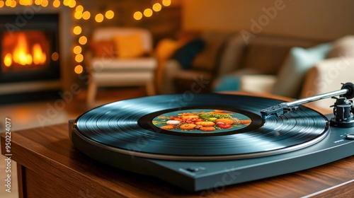 Cozy Living Room Scene with Turntable and Festive Accents photo