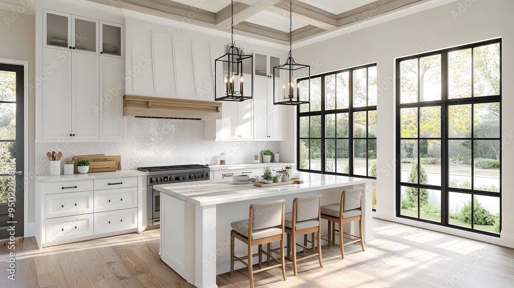 Bright and airy farmhouse kitchen design with a blank wall, perfect for adding personalized touches, 3D rendered Bright and airy farmhouse kitchen design with a blank wall, perfect for adding personalized touches, 3D rendered