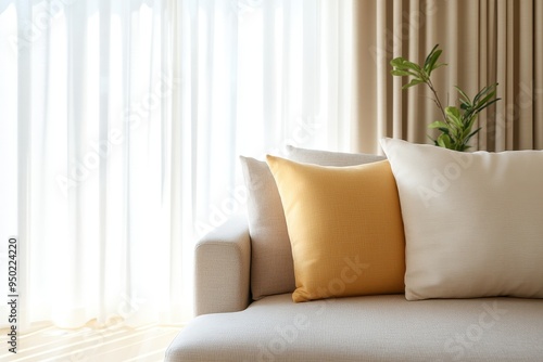 Serene Elegance: Close-up of Contemporary Neutral Living Room Curtain with Subtle Pattern and Soft Draping