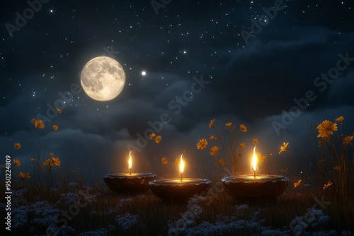 twinkling oil lamps with full moon night sky background