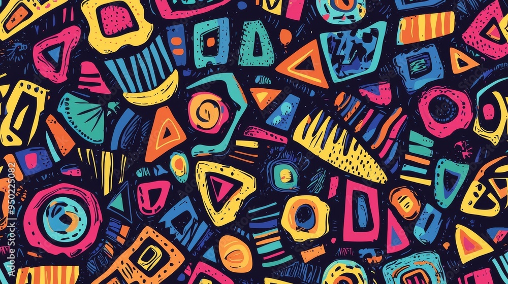 Hippie-style geometric patterns with colorful, hand-drawn shapes and designs Hippie-style geometric patterns with colorful, hand-drawn shapes and designs