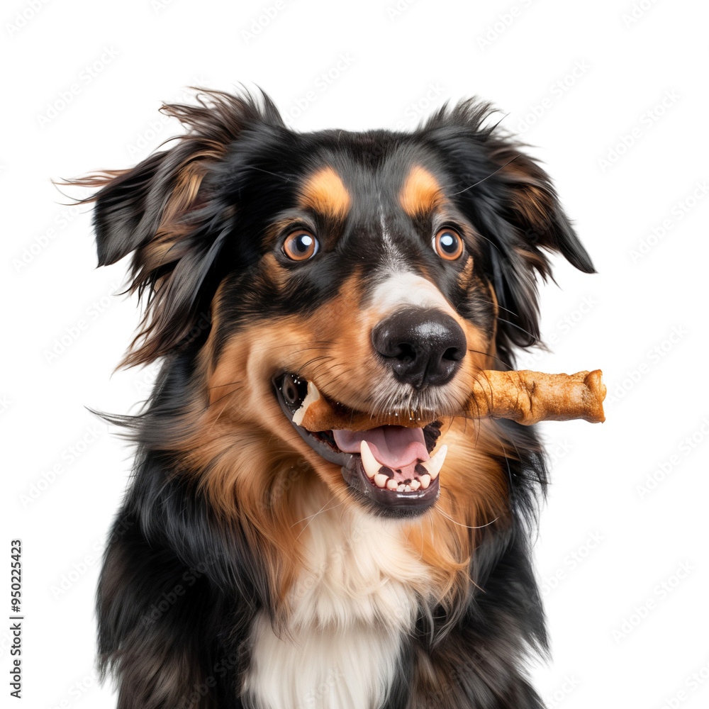 Australian Shepherd dog eating a bone, isolated on transparent background, cut out