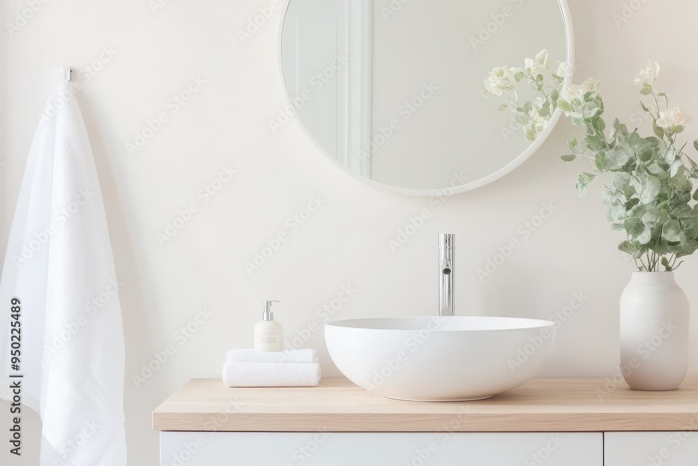 Fototapeta premium Minimalist Neutral Bathroom Mirror with Sleek Frame and Modern Aesthetics