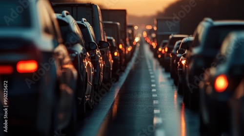 A long line of vehicles stuck in traffic as they head into the evening, with headlights and taillights forming a continuous stream of lights stretching into the distance.