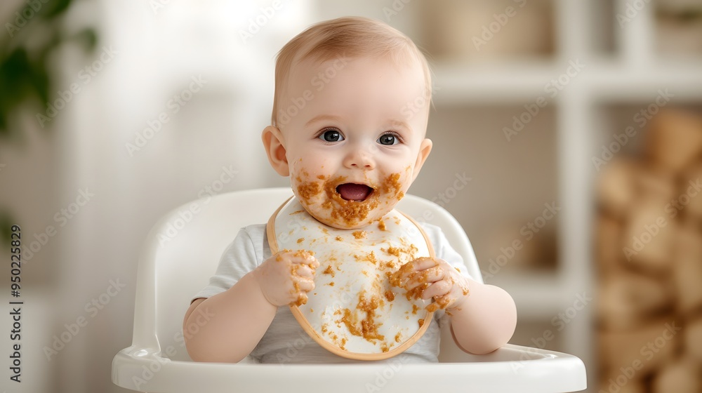Happy baby in high chair enjoys messy mealtime with food on face, showcasing joyful moments of childhood and parenting. Happy baby in high chair enjoys messy mealtime with food on face, showcasing joyful moments of childhood and parenting.