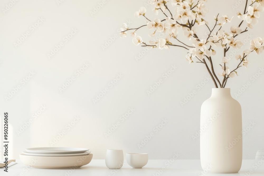 Serene Minimalist Dining Room Centerpiece with Soft Flowers in Simple Vase on Clean Table Surface Serene Minimalist Dining Room Centerpiece with Soft Flowers in Simple Vase on Clean Table Surface