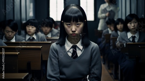 South Korean girl bullied, sad, sits alone in classroom