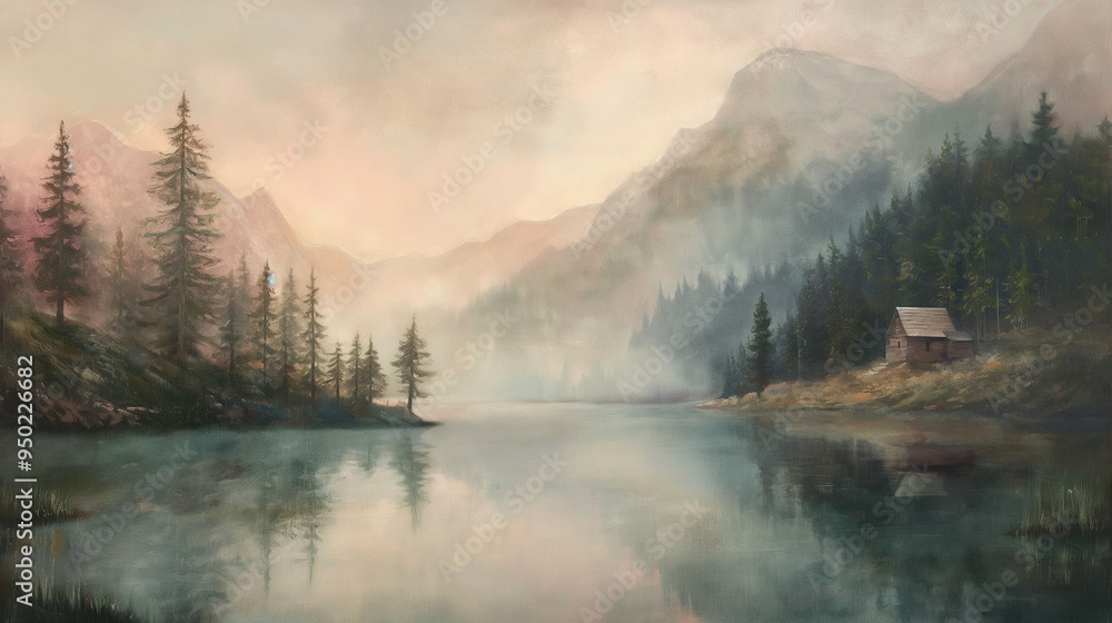 An oil painting of trees and a house on the shore by a lake, with soft colors and muted tones in a vintage style. An oil painting of trees and a house on the shore by a lake, with soft colors and muted tones in a vintage style.