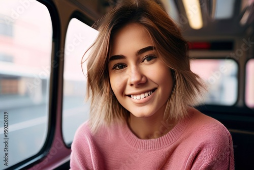 young woman with a bob haircut wearing a pink sweater smiling as