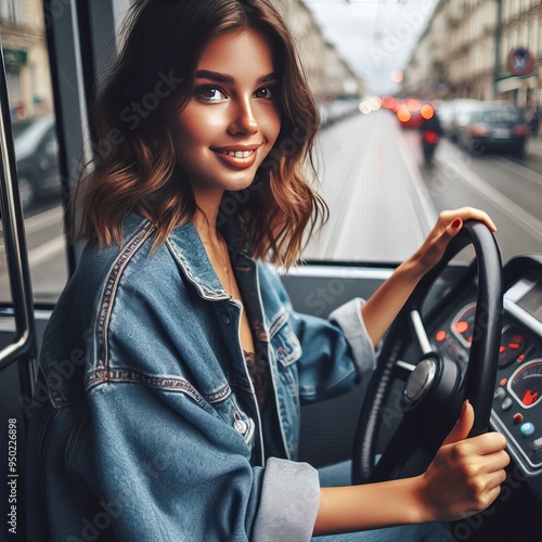  Young woman with a confident smile wearing a denim jacket adjus photo