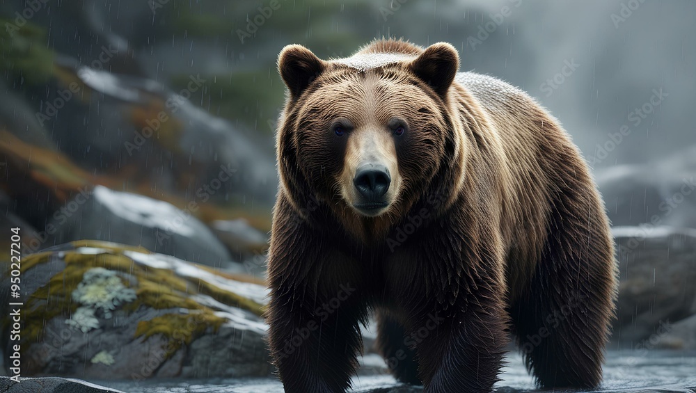 Fototapeta premium A brown bear walks through a rain-soaked stream, showcasing its wild nature amidst the falling droplets GENERATIVE AI