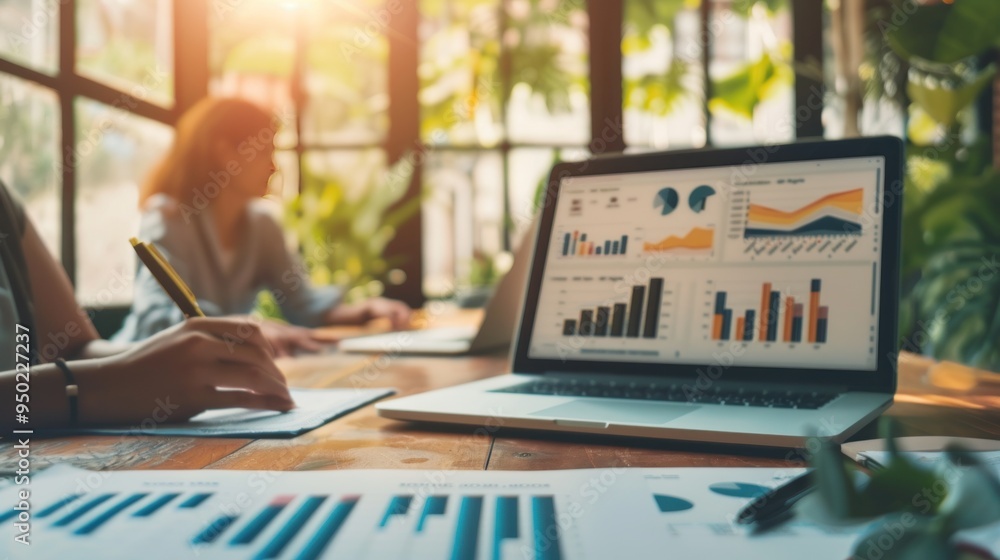 Data analysis for business success. Intelligence and business analytics. Business team analyzing sale report with key performance indicators (KPI) dashboard.
