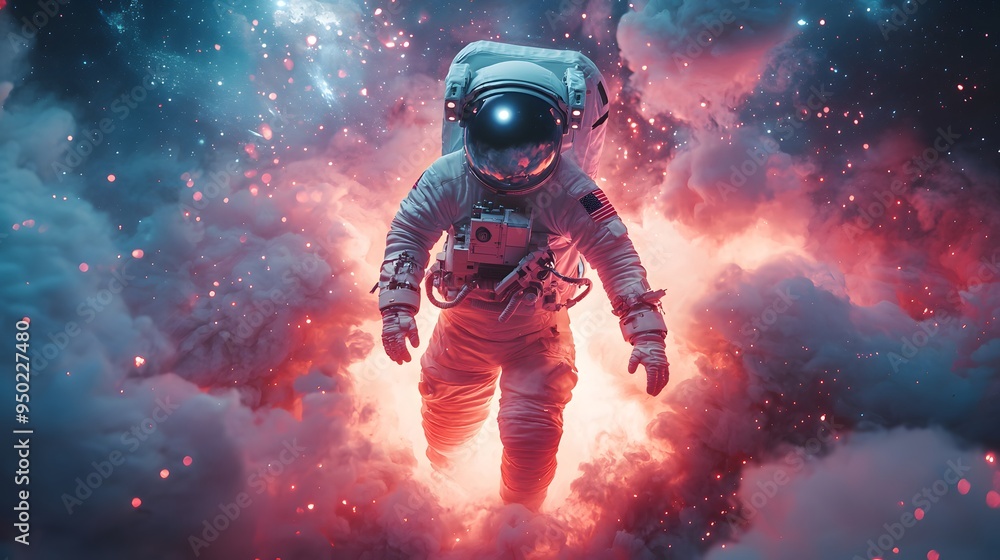 Astronaut floating through vibrant cosmic clouds in a mystical galaxy.