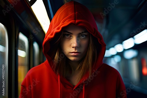 young woman with a serious expression wearing a red hoodie adjus photo