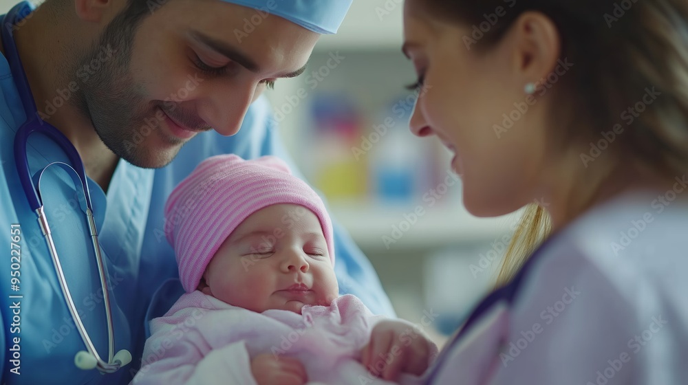 A pediatrician examines a newborn, with a caring young mother smiling in the background, both showing warmth and affection A pediatrician examines a newborn, with a caring young mother smiling in the background, both showing warmth and affection