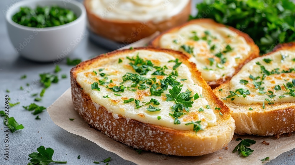 Golden slices of toasted bread generously topped with melted cheese and garnished with fresh parsley, arranged beautifully on a light-colored background. Golden slices of toasted bread generously topped with melted cheese and garnished with fresh parsley, arranged beautifully on a light-colored background.