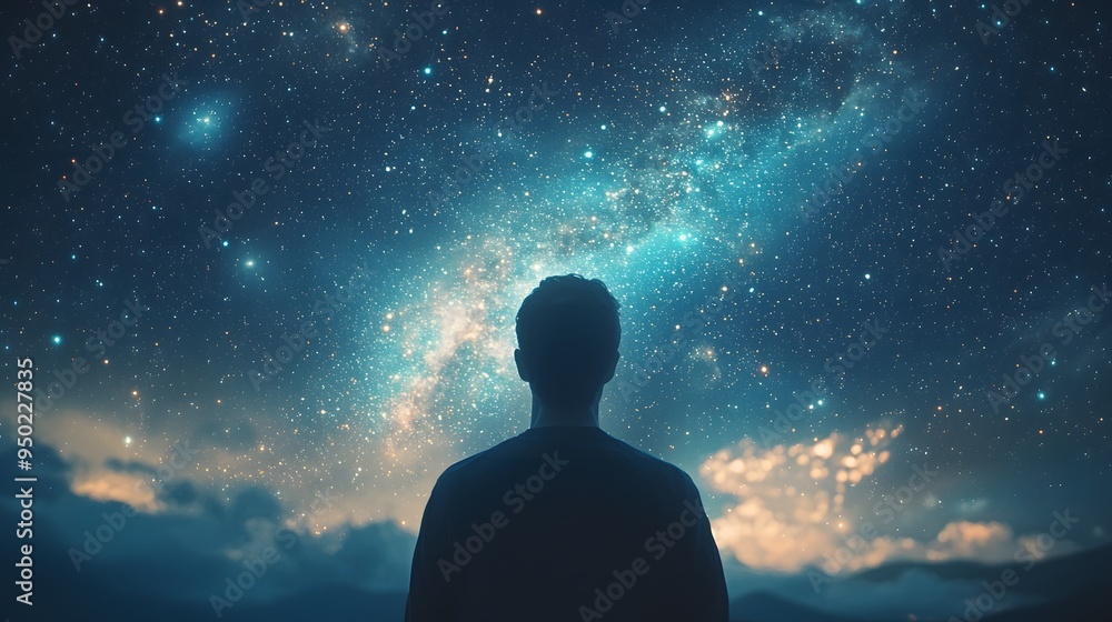 Silhouette of a man gazing at a starry night sky full of galaxies.