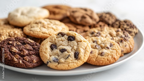 A high-resolution image of a plate of assorted cookies, including oatmeal raisin and sugar cookies, arranged artfully with a soft, neutral background.