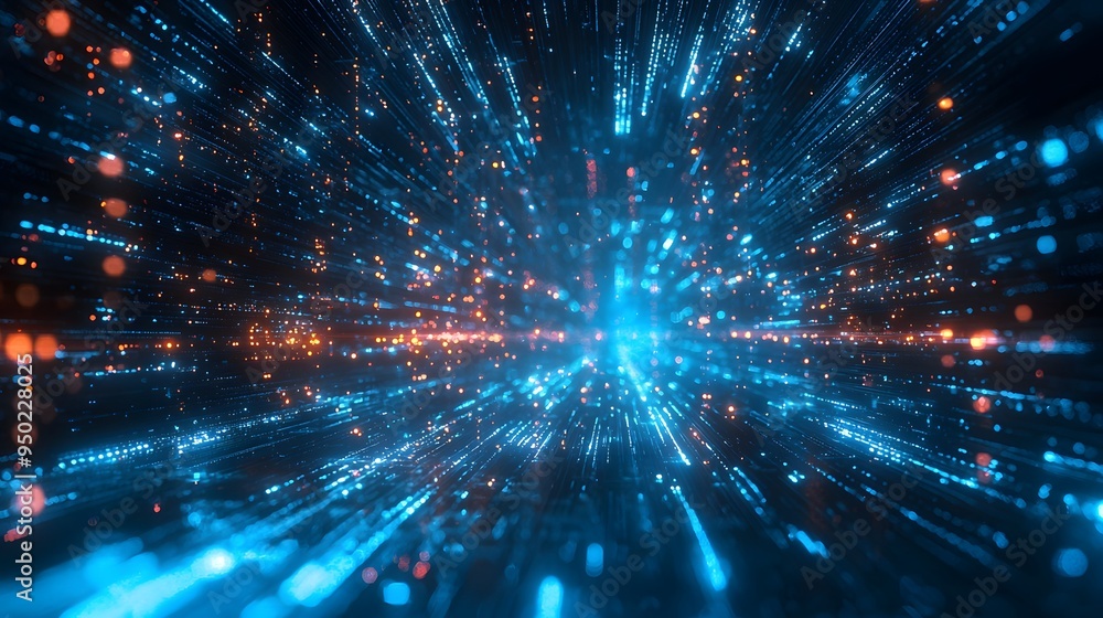 Fototapeta premium Abstract blue and orange digital data streams creating a sense of depth and motion.