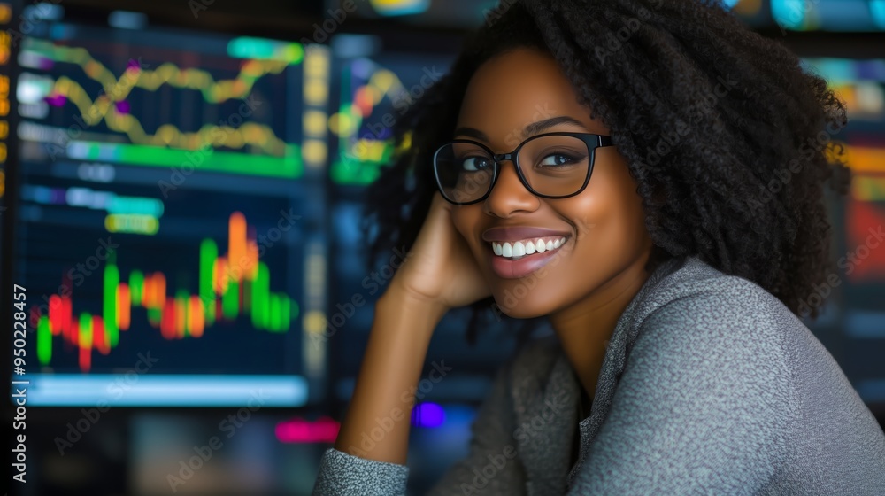 black woman trader analyzes stock growth chart black woman trader analyzes stock growth chart
