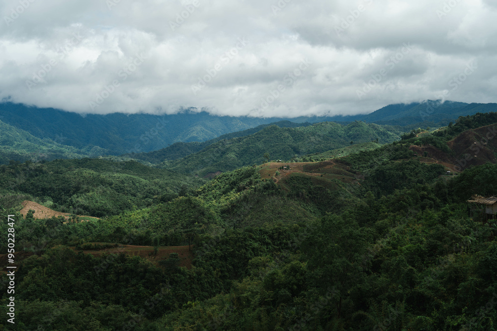 Fototapeta premium Emerald Peaks Under Moody Skies: A breathtaking aerial vista of lush, rolling mountains cloaked in vibrant greenery, beneath a dramatic sky of brooding clouds. 