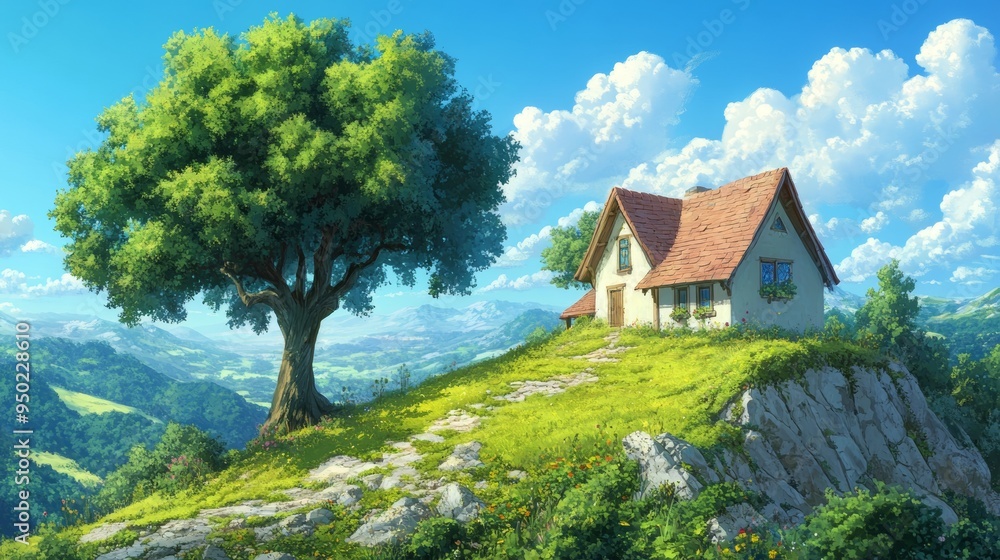 Anime Countryside House on a Hill with Tree Anime Countryside House on a Hill with Tree