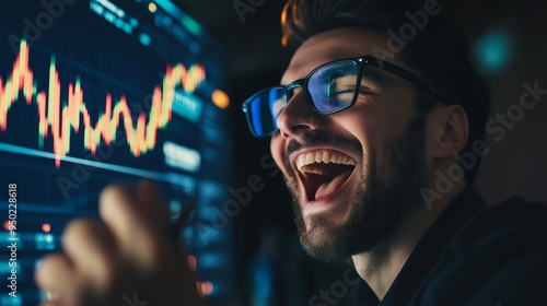happy trader in glasses analyzes stock growth chart	
