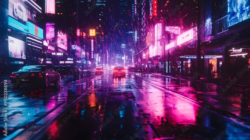 A cyberpunk-inspired urban scene with neon lights and rain-soaked streets reflecting the glow A cyberpunk-inspired urban scene with neon lights and rain-soaked streets reflecting the glow