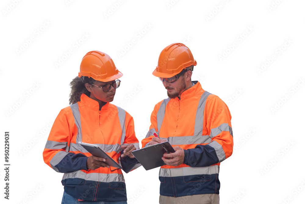 Engineers wearing safety gear, including hard hats examining survey a large blueprint laptop.