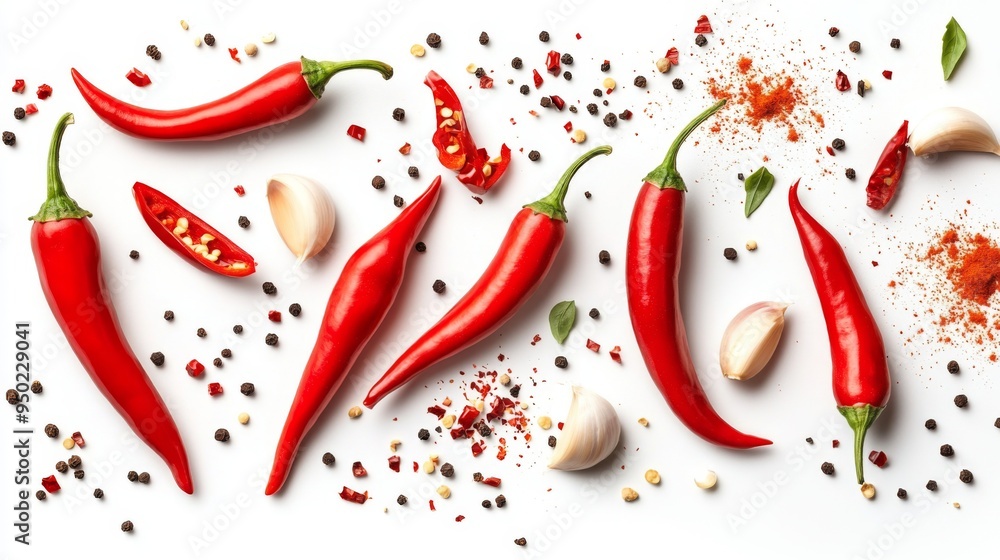 A high-resolution image of fresh chili peppers, both whole and sliced, with scattered seasoning ingredients such as garlic powder and paprika, on a clean white background. A high-resolution image of fresh chili peppers, both whole and sliced, with scattered seasoning ingredients such as garlic powder and paprika, on a clean white background.