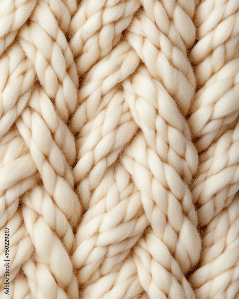 Closeup of cream-colored knitted fabric with a chunky, cable knit stitch. Closeup of cream-colored knitted fabric with a chunky, cable knit stitch.