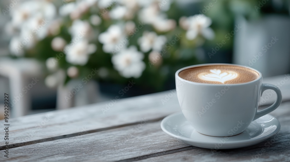 A white cup of latte with beautiful latte art, placed on a wooden table decorated with flowers, creating a refined and elegant outdoor setup. A white cup of latte with beautiful latte art, placed on a wooden table decorated with flowers, creating a refined and elegant outdoor setup.