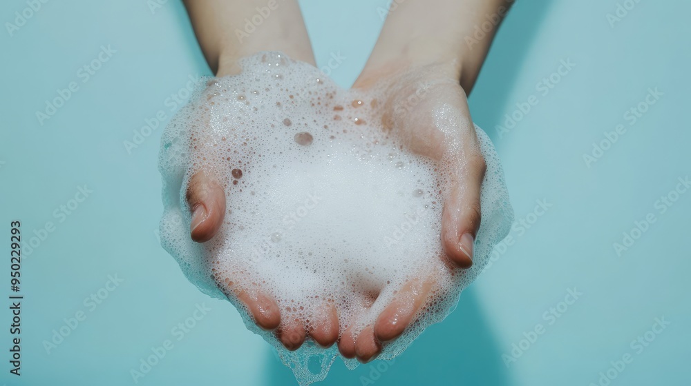 Naklejka premium top view of A woman hands washing with soap and bubbles